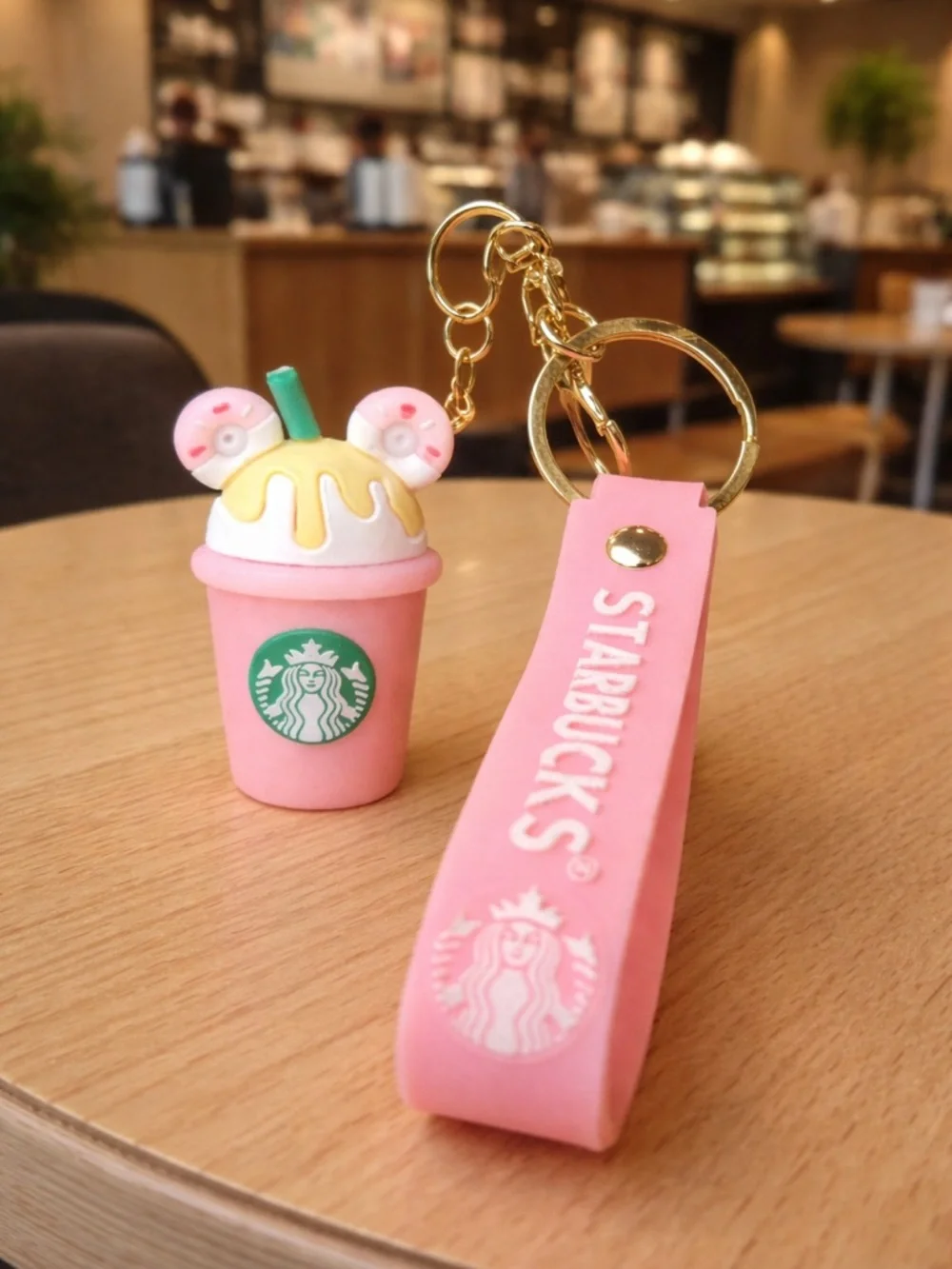 Starbucks Pink & Green Donut Frappuccino Keychain with Gold Hardware - Picture 1 of 2